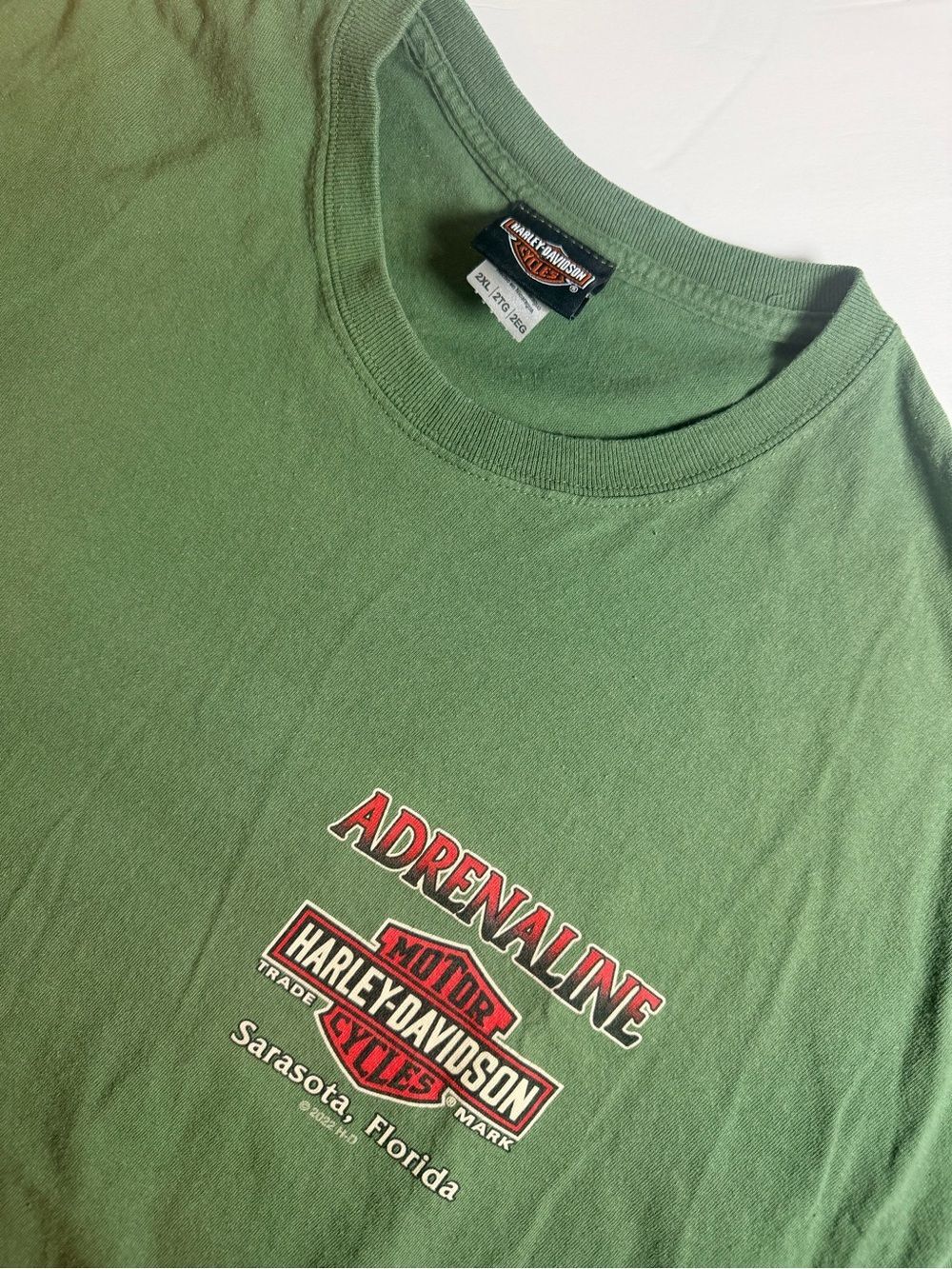 Harley Davidson Adrenaline Sarasota Graphic T-Shirt Size 2XL Green Short Sleeve